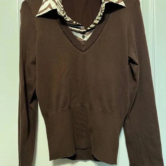 The Limited-Brown V-neck Sweater with built in zebra striped blouse-casual-Md - Picture 7 of 9